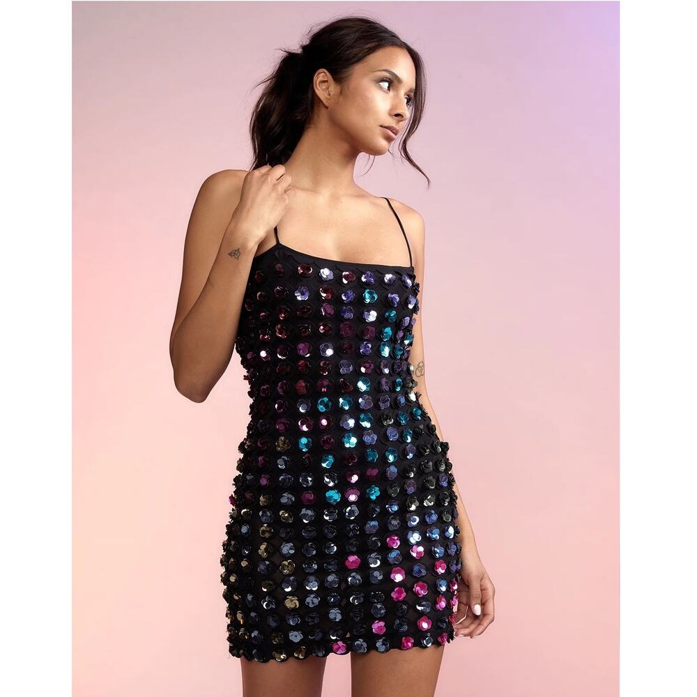 Cynthia Rowley Bella Sequin Appliqué Dress flower mini sheer stretch size 2 XS - Picture 1 of 12